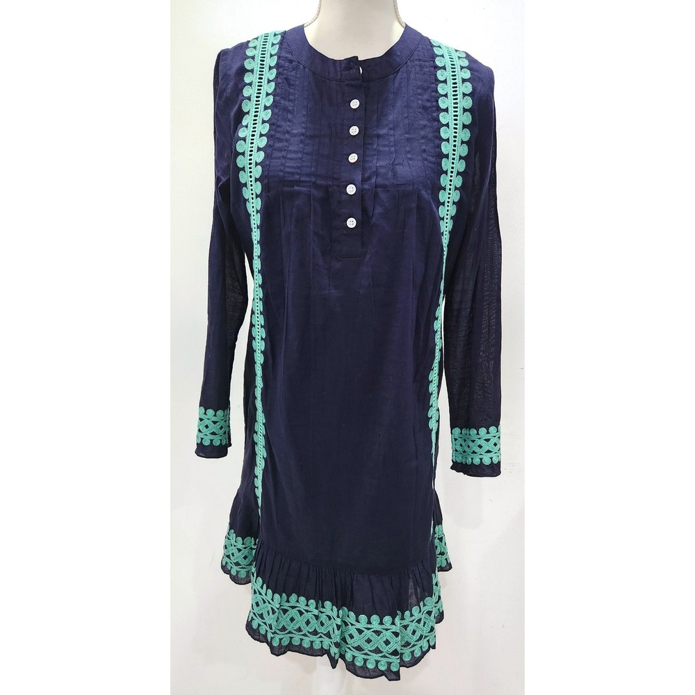 Sail to Sable Navy Blue Mint Green Embroidered Cotton Tunic Ruffle Dress Small
